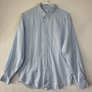 Bermies Linen Shirt Men Medium Blue Button Down Long Sleeves Logo Casual Summer